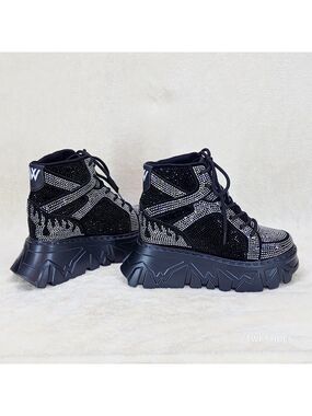 Anthony Wang Berry Silver & Black Rhinestone Platform Hidden Wedge Sneakers